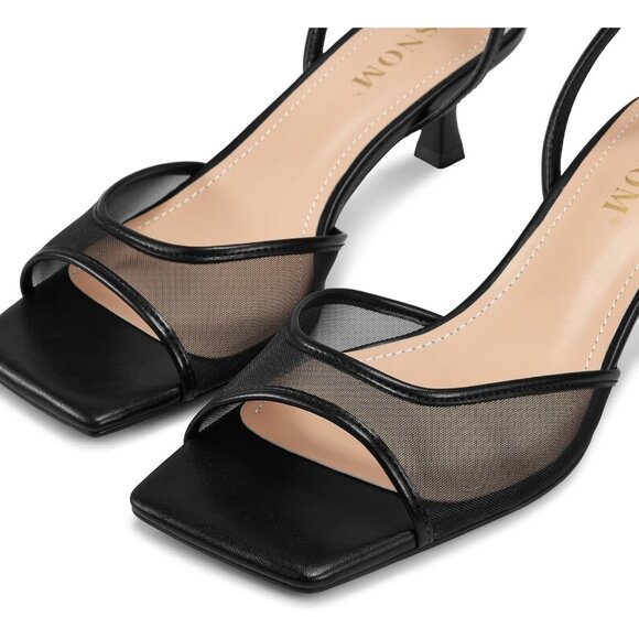 Women's Strappy Black Mesh Kitten Heels Sandals Square Toe Buckle Strap Low Heel - Picture 5 of 6